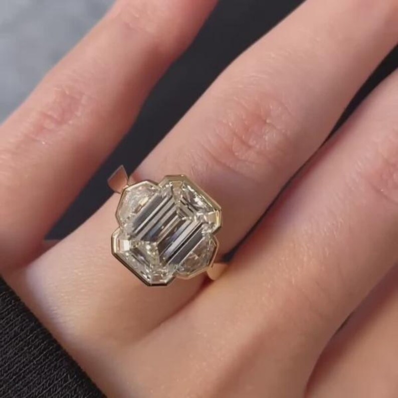 IGI Certified Three Stone Emerald Cut Lab Grown Diamond Art Deco Engagement Ring