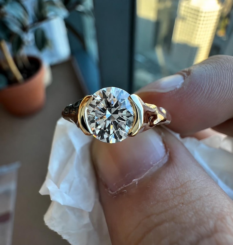 Round Cut Lab Grown Diamond Solitaire Engagement Ring Unique Half Bezel Ring