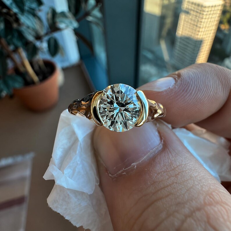 Round Cut Lab Grown Diamond Solitaire Engagement Ring Unique Half Bezel Ring