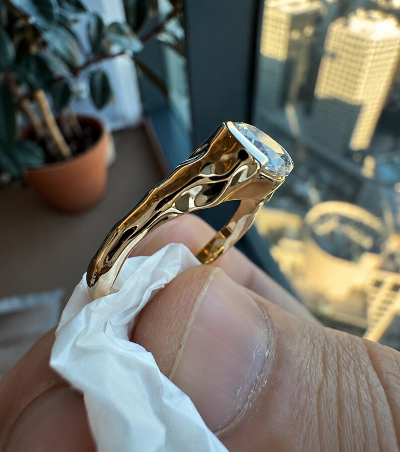 Round Cut Lab Grown Diamond Solitaire Engagement Ring Unique Half Bezel Ring