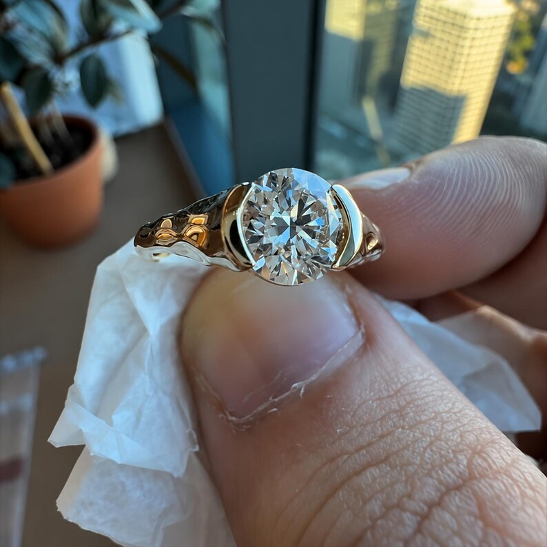 Round Cut Lab Grown Diamond Solitaire Engagement Ring Unique Half Bezel Ring