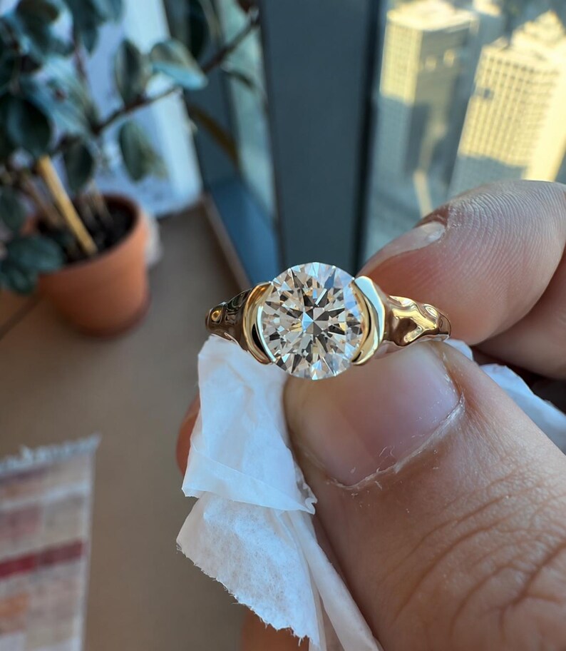 Round Cut Lab Grown Diamond Solitaire Engagement Ring Unique Half Bezel Ring