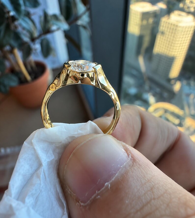 Round Cut Lab Grown Diamond Solitaire Engagement Ring Unique Half Bezel Ring
