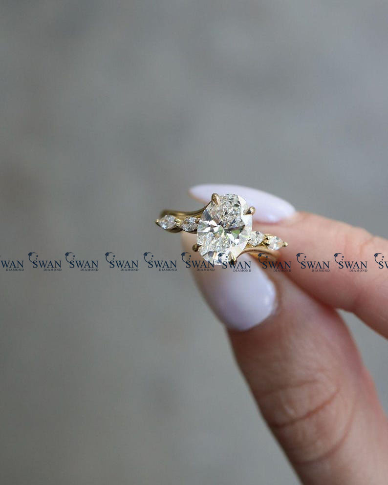 Oval Cut Lab Grown Diamond Engagement Ring With Side Marquise Diamond Band
