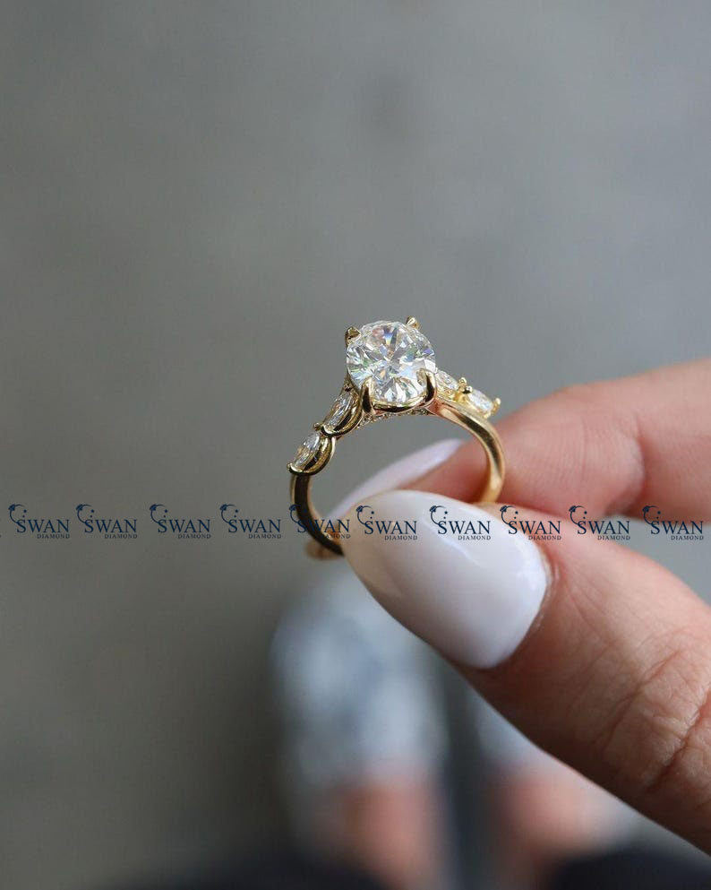 Oval Cut Lab Grown Diamond Engagement Ring With Side Marquise Diamond Band