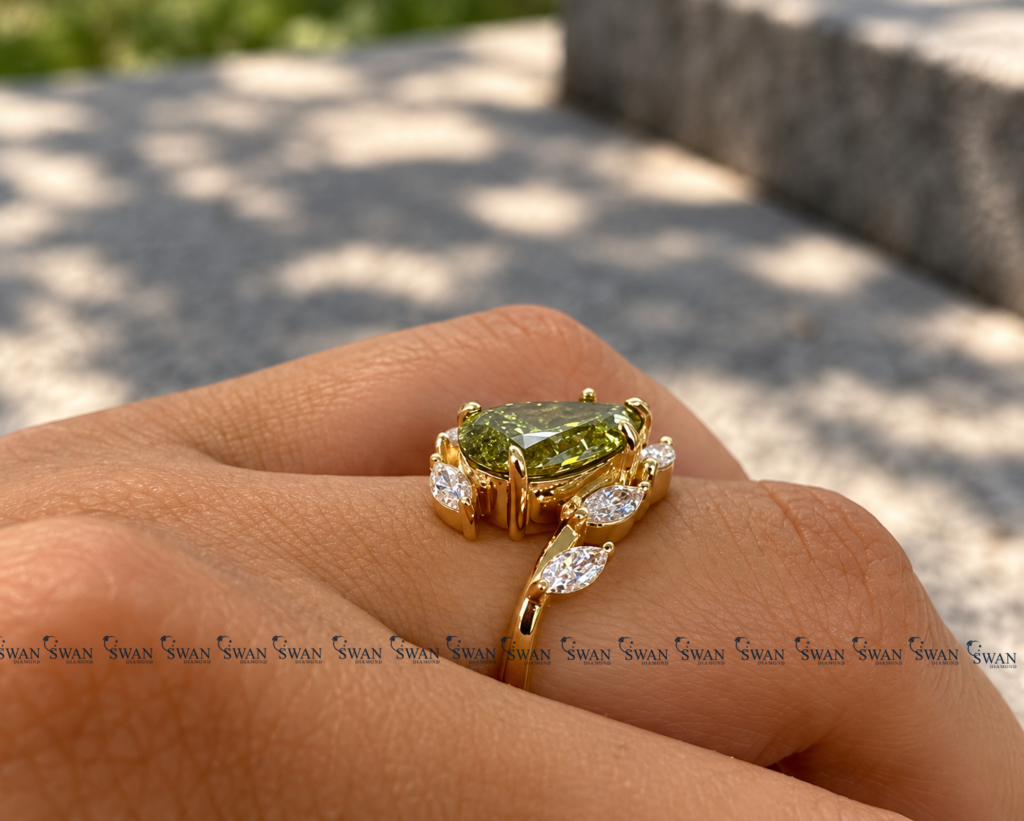 IGI Certified Nature Inspired Green Pear ByPASS Shank Ring With Modern Bypass Shank