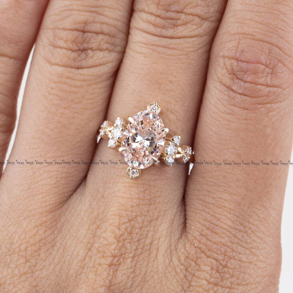 Vintage Pink Oval IGI Certified Oval Lab Grown Diamond Ring Gold Proposal Ring