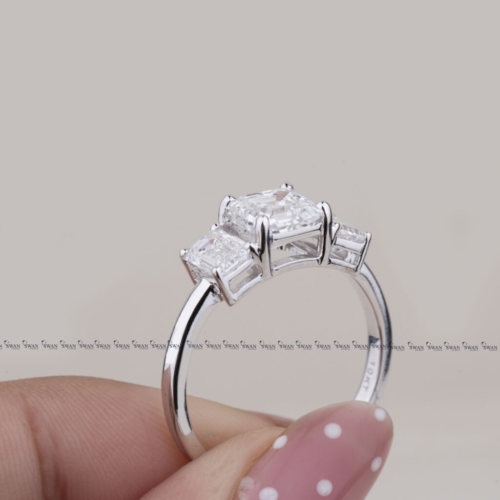 Asscher Cut Three Stone Lab Grown Diamond Engagement Ring With Side Emerlad Cut Diamond
