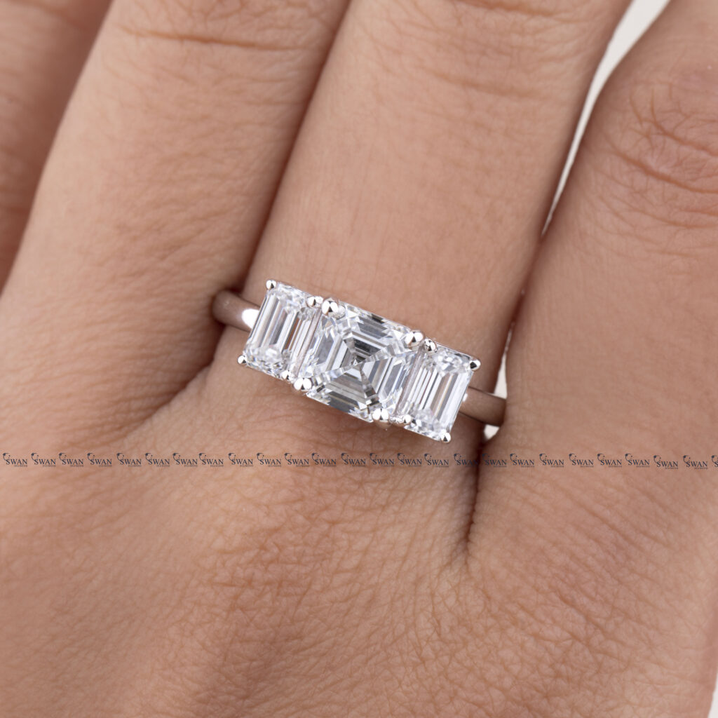 Asscher Cut Three Stone Lab Grown Diamond Engagement Ring With Side Emerlad Cut Diamond