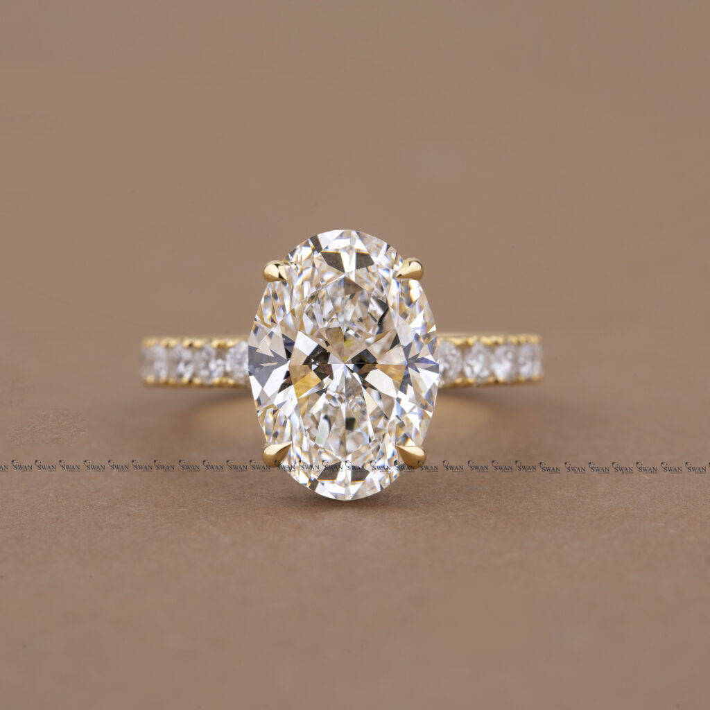 Lab Grown Oval Diamond Engagement Ring Hidden Halo Pave Band Solid Gold Ring