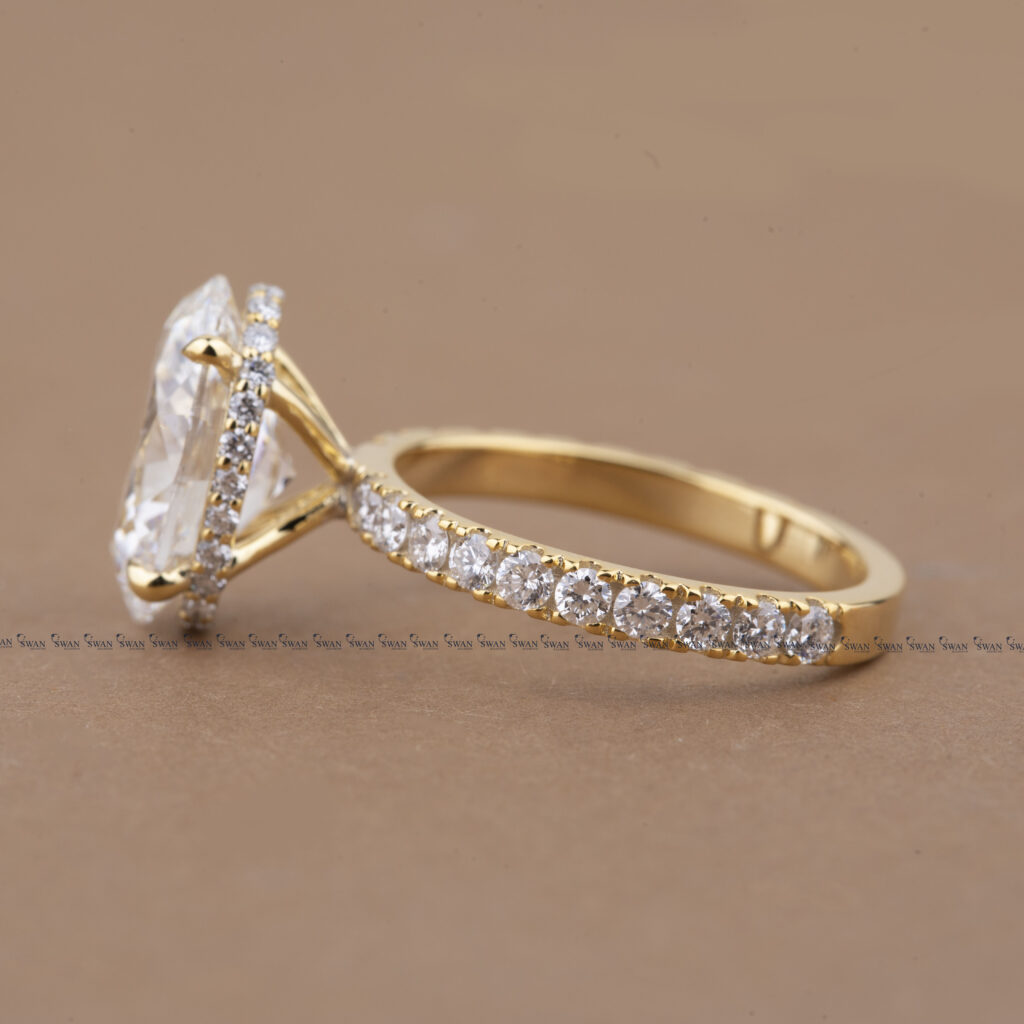 Lab Grown Oval Diamond Engagement Ring Hidden Halo Pave Band Solid Gold Ring