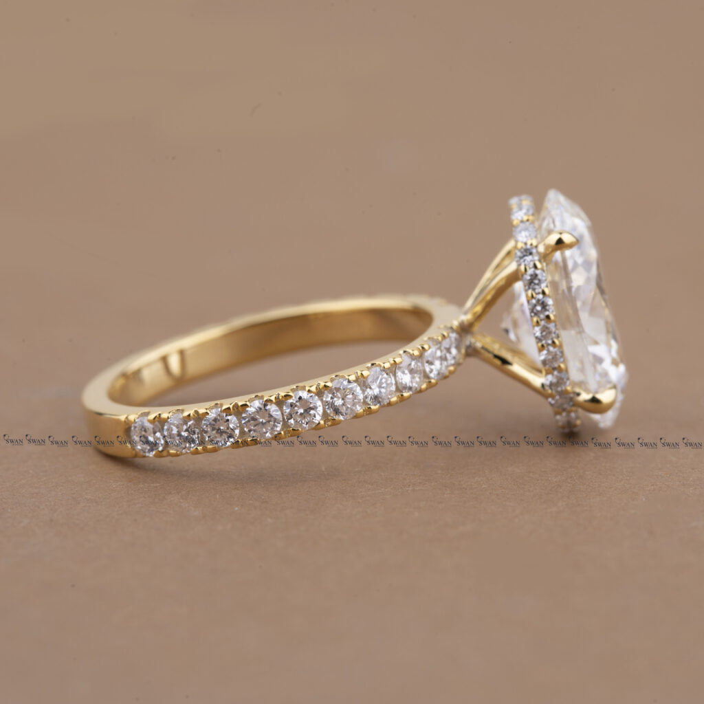 Lab Grown Oval Diamond Engagement Ring Hidden Halo Pave Band Solid Gold Ring