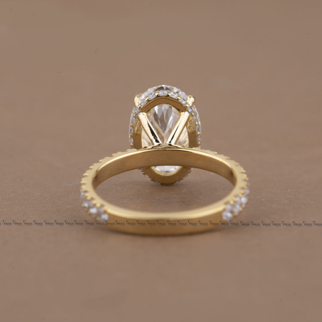 Lab Grown Oval Diamond Engagement Ring Hidden Halo Pave Band Solid Gold Ring