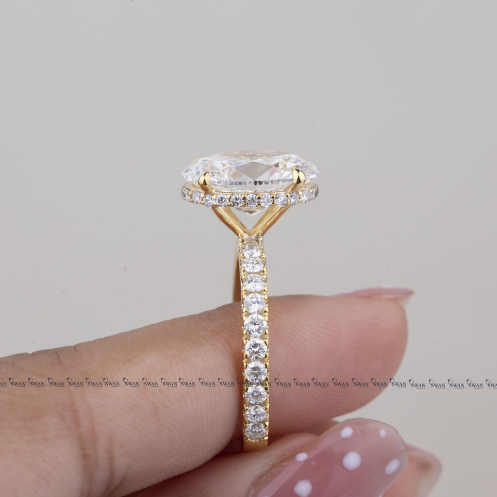 Lab Grown Oval Diamond Engagement Ring Hidden Halo Pave Band Solid Gold Ring