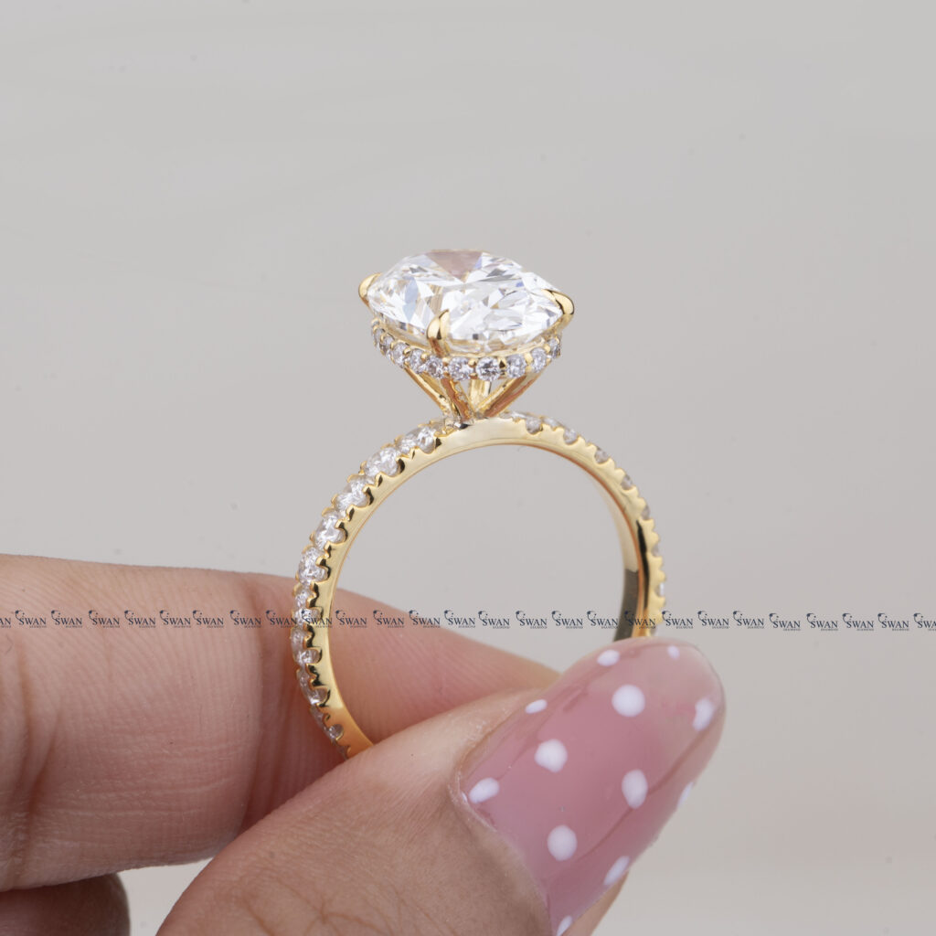 Lab Grown Oval Diamond Engagement Ring Hidden Halo Pave Band Solid Gold Ring
