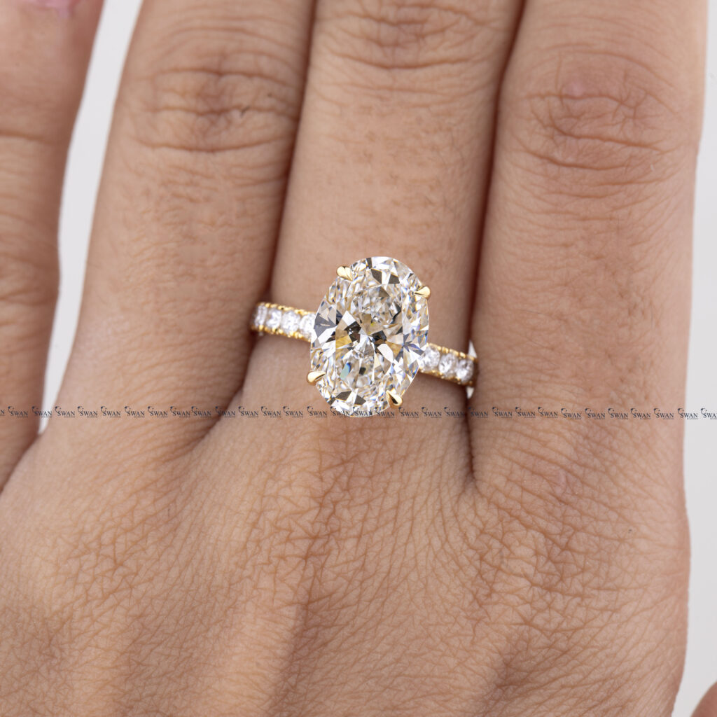 Lab Grown Oval Diamond Engagement Ring Hidden Halo Pave Band Solid Gold Ring