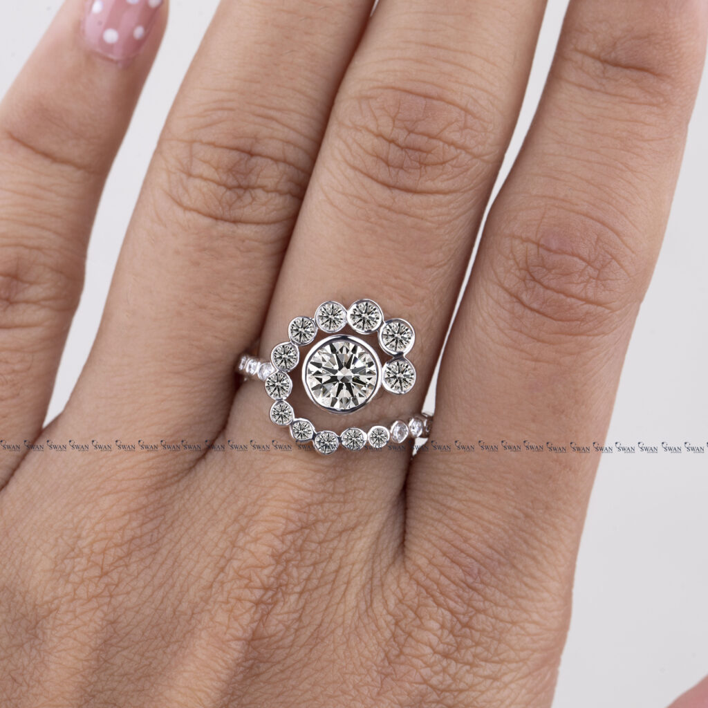 Unique Round Bezel Lab Grown Diamond Engagement Ring In White Gold