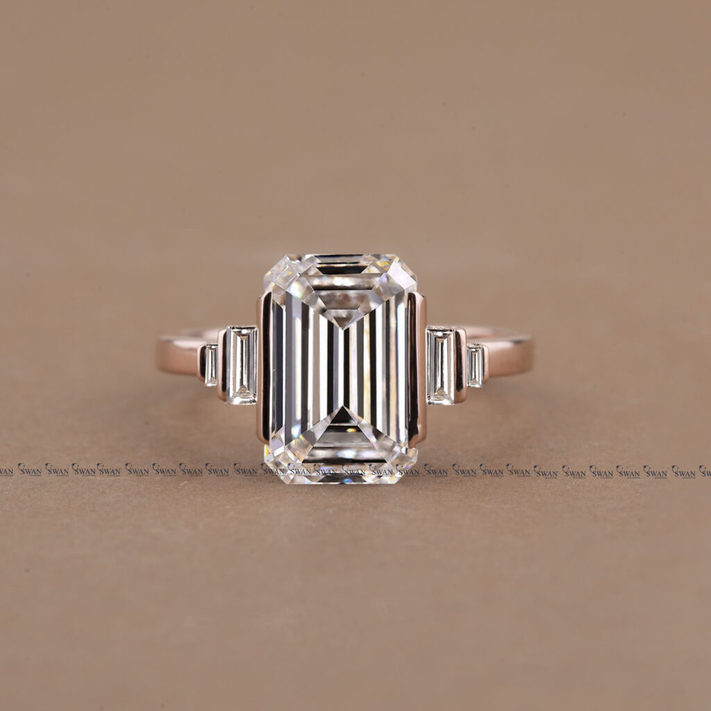 Unique Emerald Cut Lab Grown Diamond Five Stone Ring Side Baguette Cut Diamond