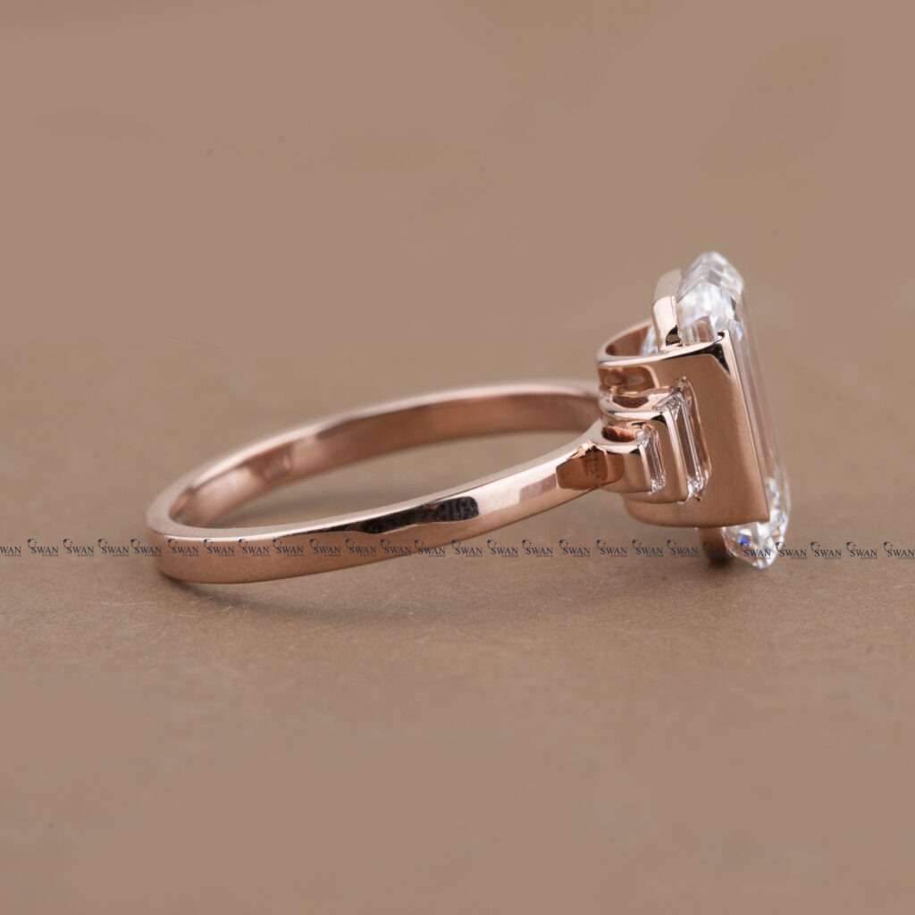 Unique Emerald Cut Lab Grown Diamond Five Stone Ring Side Baguette Cut Diamond