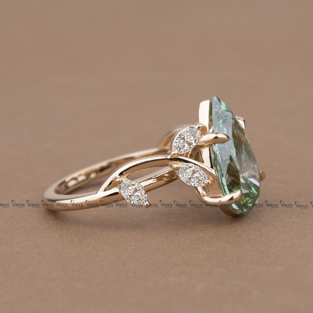 Nature Inspired Green Lab Grown Diamond Engagement Ring Vintage Inspired Ring