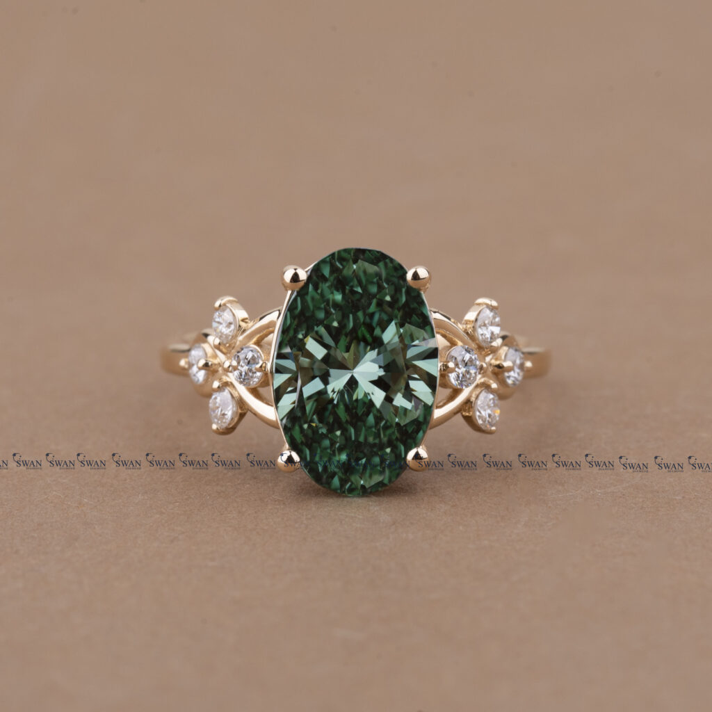 Fancy Green Oval Lab Grown Diamond Engagement Ring With Side Cluster Setting