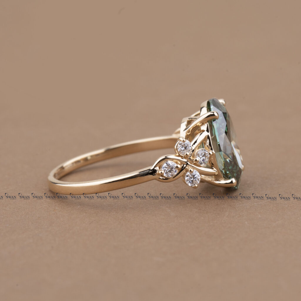 Fancy Green Oval Lab Grown Diamond Engagement Ring With Side Cluster Setting
