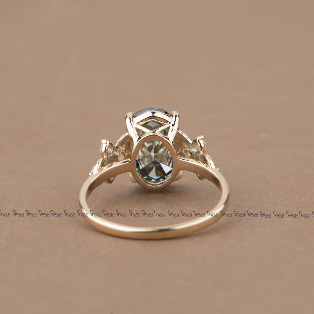 Fancy Green Oval Lab Grown Diamond Engagement Ring With Side Cluster Setting
