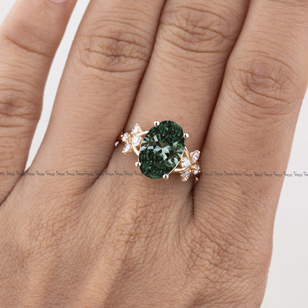Fancy Green Oval Lab Grown Diamond Engagement Ring With Side Cluster Setting