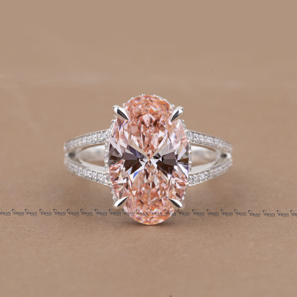 Vivid Pink IGI Certified Oval Lab Grown Diamond Split Shank Pave Band Ring