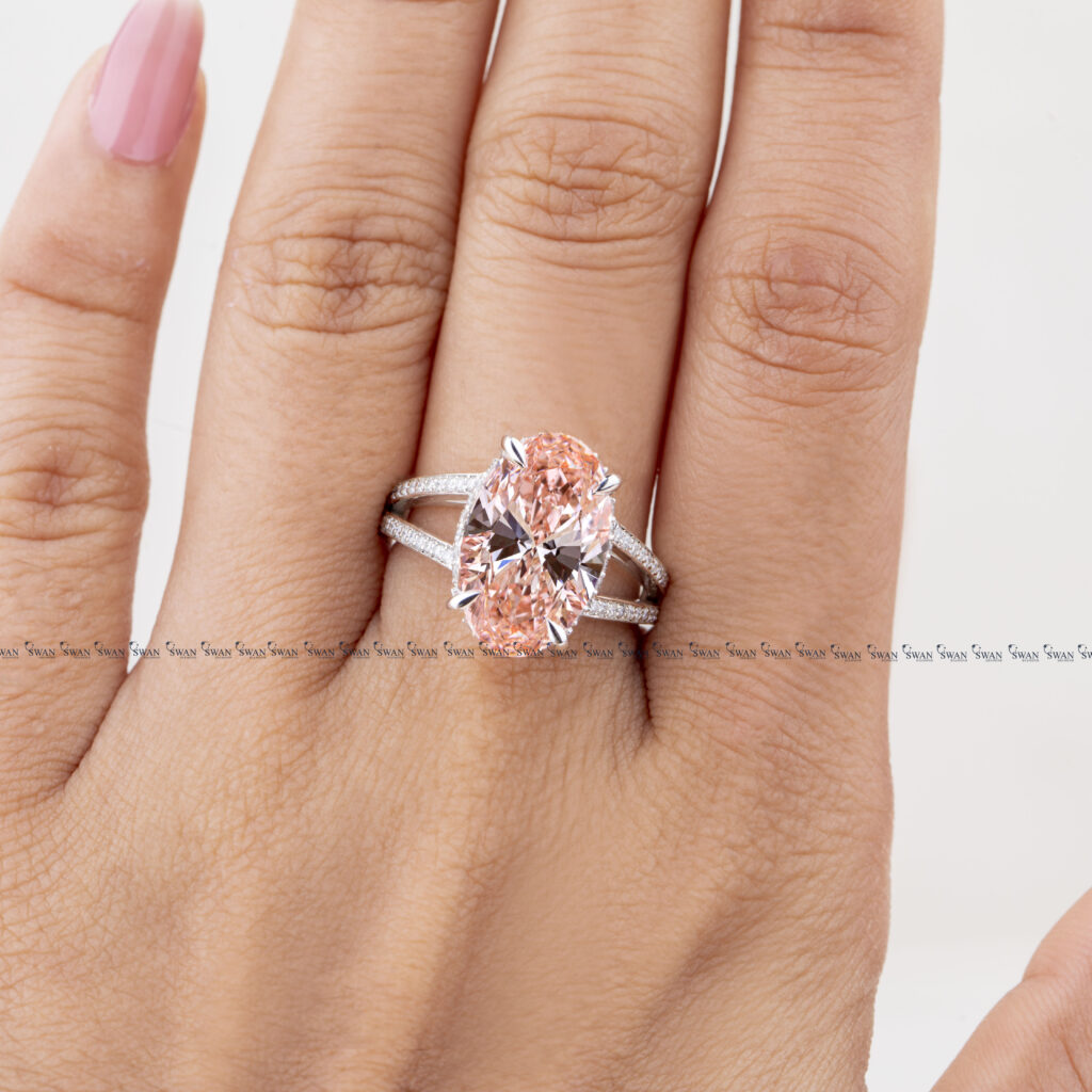 Vivid Pink IGI Certified Oval Lab Grown Diamond Split Shank Pave Band Ring