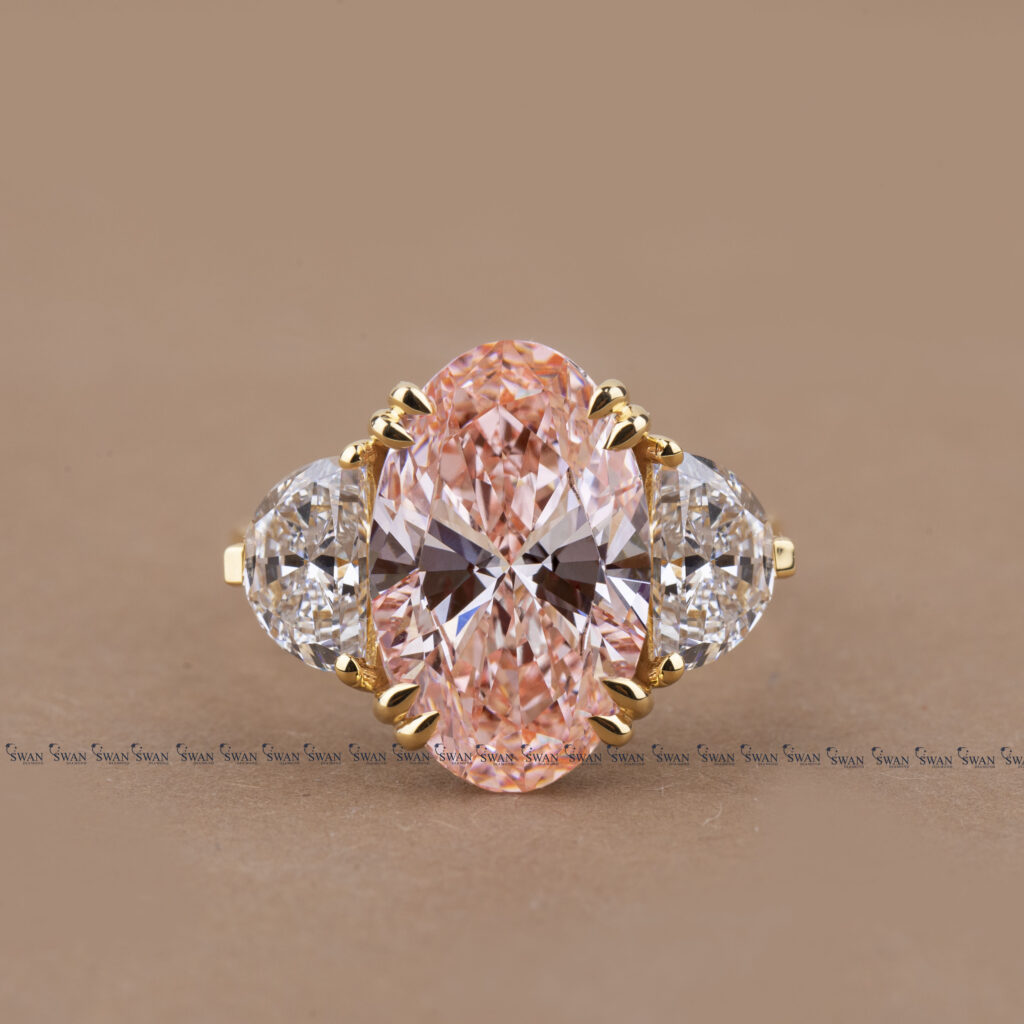 Pink Oval IGI Cerified Lab Grown Diamond Three Stone Ring With Side Half Moon Diamond