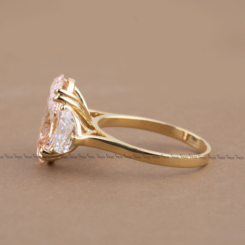 Pink Oval IGI Cerified Lab Grown Diamond Three Stone Ring With Side Half Moon Diamond