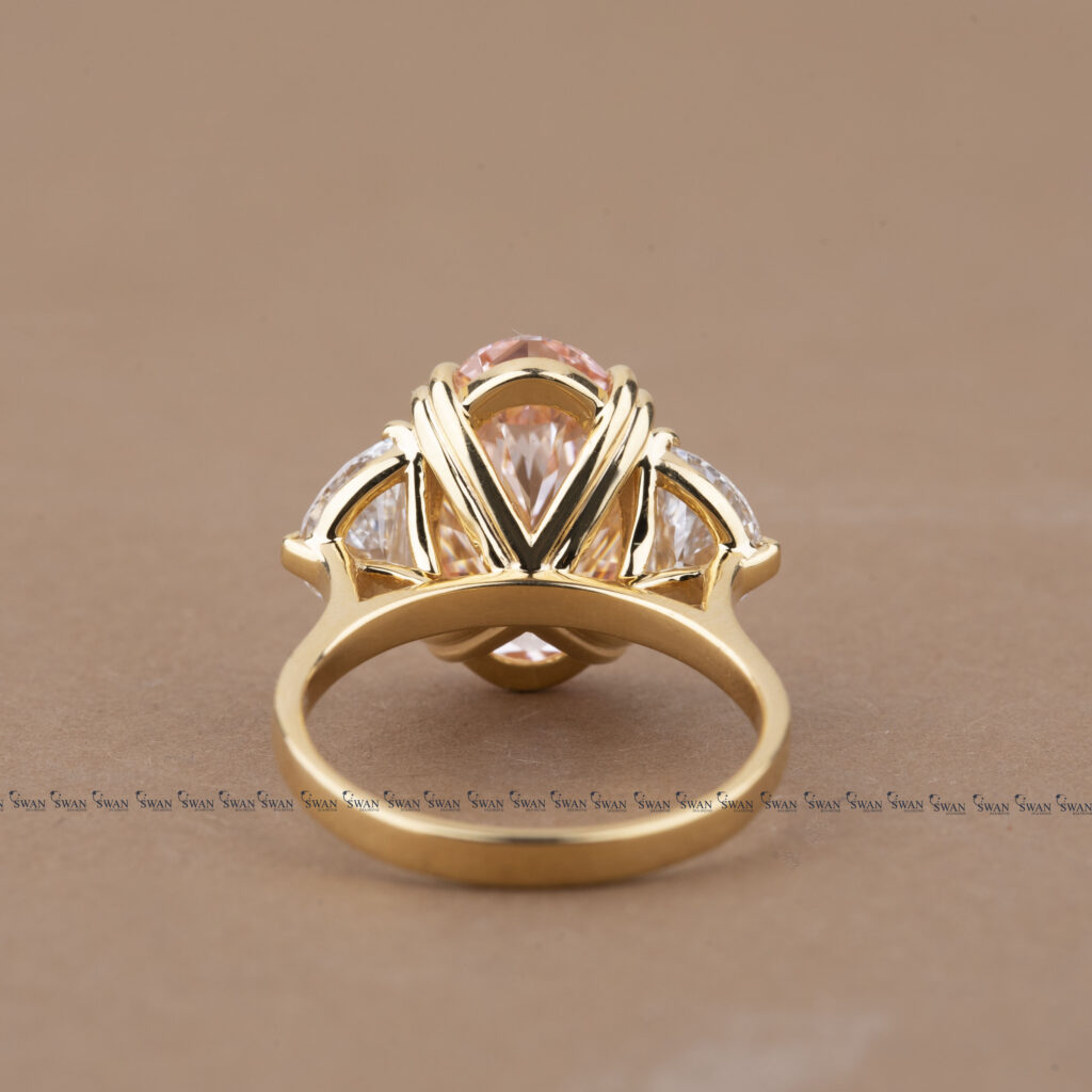 Pink Oval IGI Cerified Lab Grown Diamond Three Stone Ring With Side Half Moon Diamond