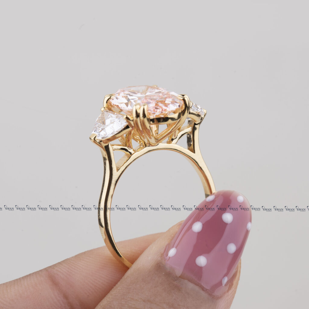 Pink Oval IGI Cerified Lab Grown Diamond Three Stone Ring With Side Half Moon Diamond