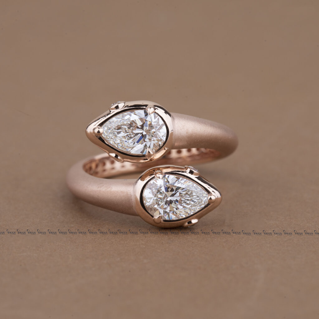 Toi Et Moi Two Stone Pear Lab Grown Diamond Sepent Ring In Rose Gold Matt Polished Ring