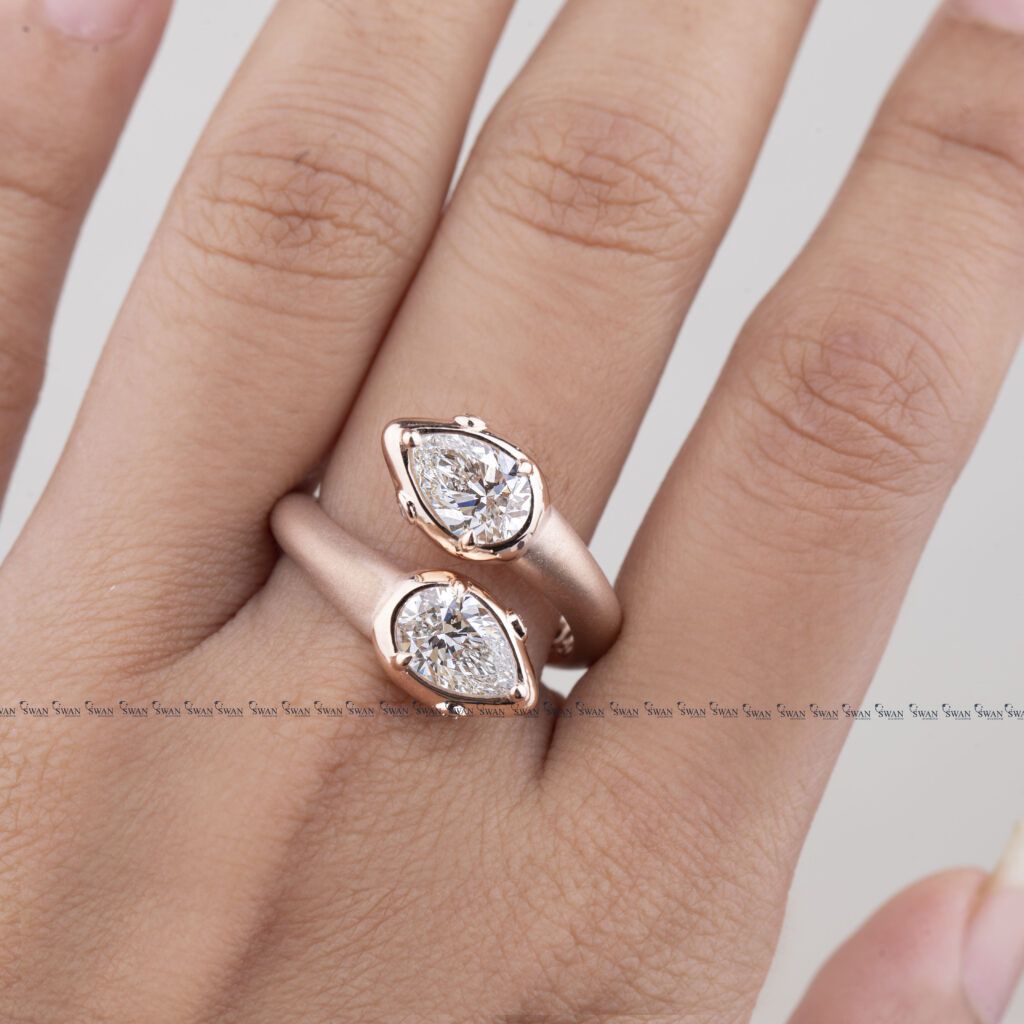 Toi Et Moi Two Stone Pear Lab Grown Diamond Sepent Ring In Rose Gold Matt Polished Ring