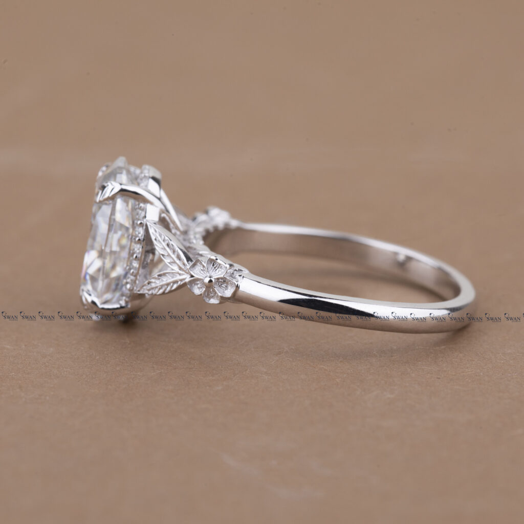 Nature Inspired Oval Lab Grown Diamond Engagement Ring With Side Flower And Leaf Design