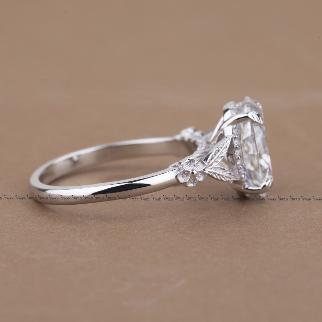 Nature Inspired Oval Lab Grown Diamond Engagement Ring With Side Flower And Leaf Design