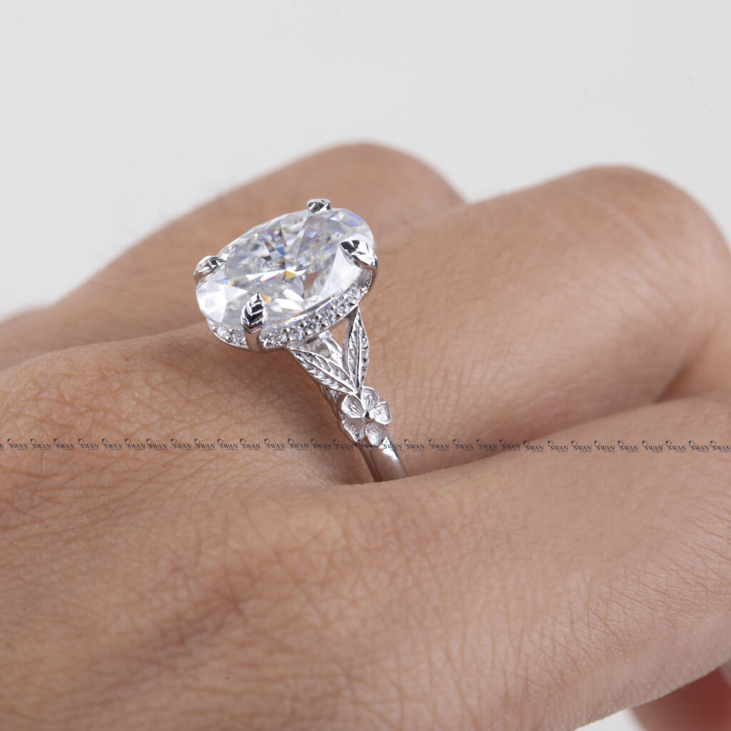 Nature Inspired Oval Lab Grown Diamond Engagement Ring With Side Flower And Leaf Design