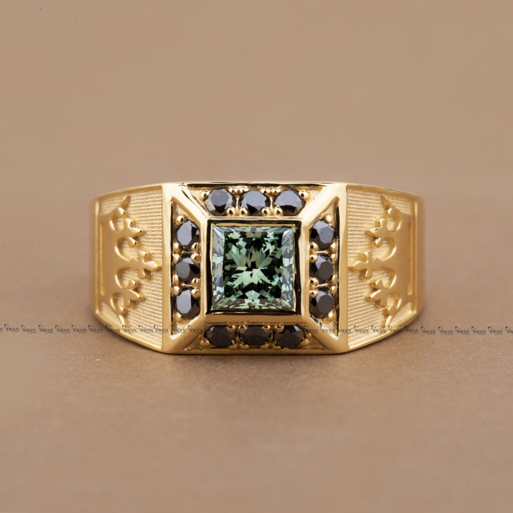 Green Princess Cut Lab Grown Diamond Engagement Ring For Men Black Halo Diamond