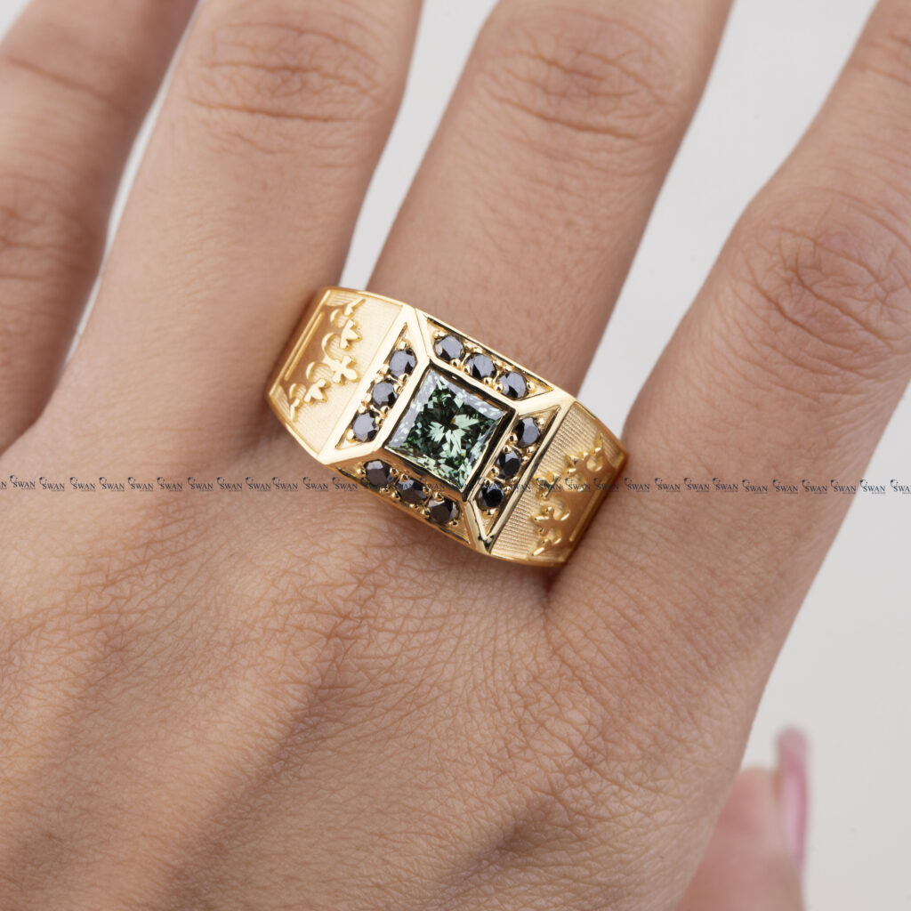 Green Princess Cut Lab Grown Diamond Engagement Ring For Men Black Halo Diamond