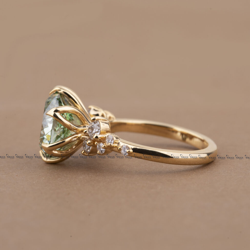 Fancy Green Portuguese Lab Grown Diamond Cluster Ring Art Deco Design Ring