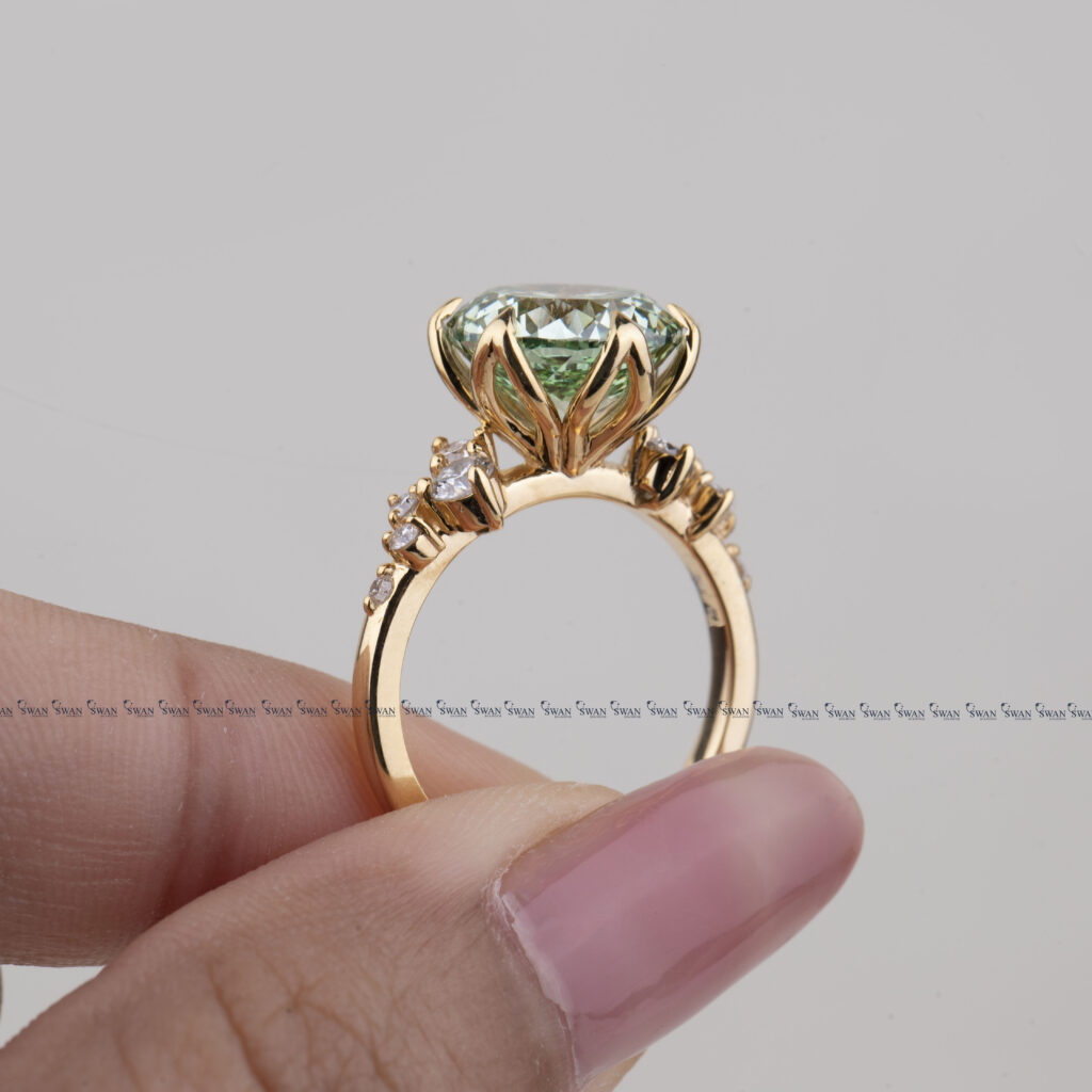 Fancy Green Portuguese Lab Grown Diamond Cluster Ring Art Deco Design Ring