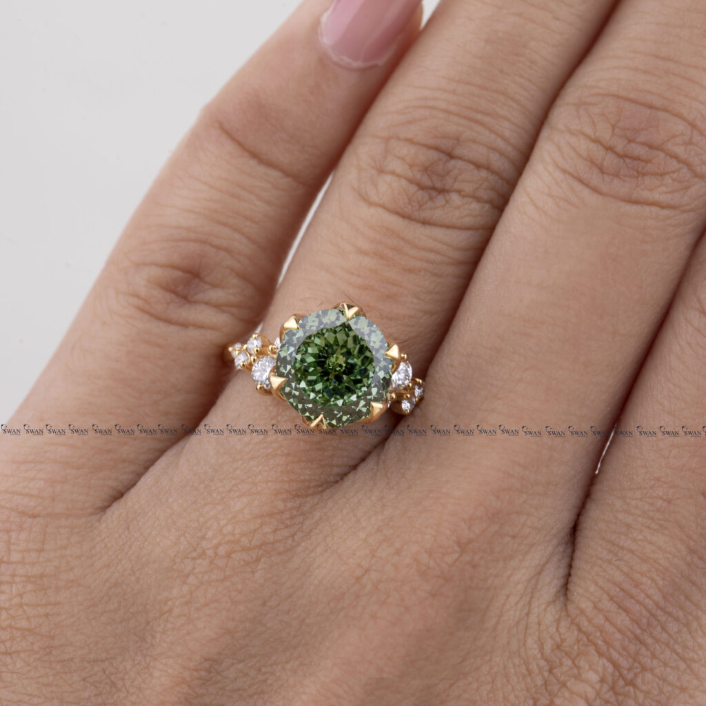 Fancy Green Portuguese Lab Grown Diamond Cluster Ring Art Deco Design Ring