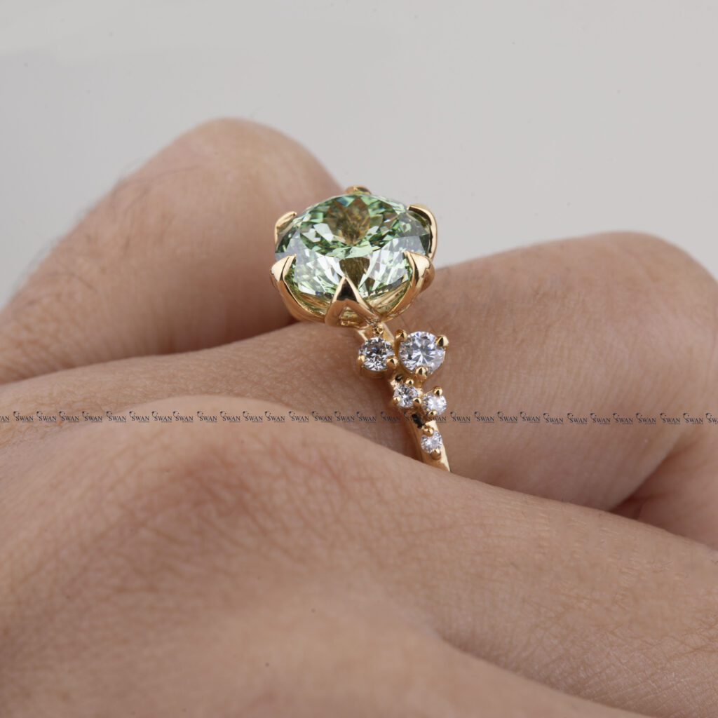 Fancy Green Portuguese Lab Grown Diamond Cluster Ring Art Deco Design Ring