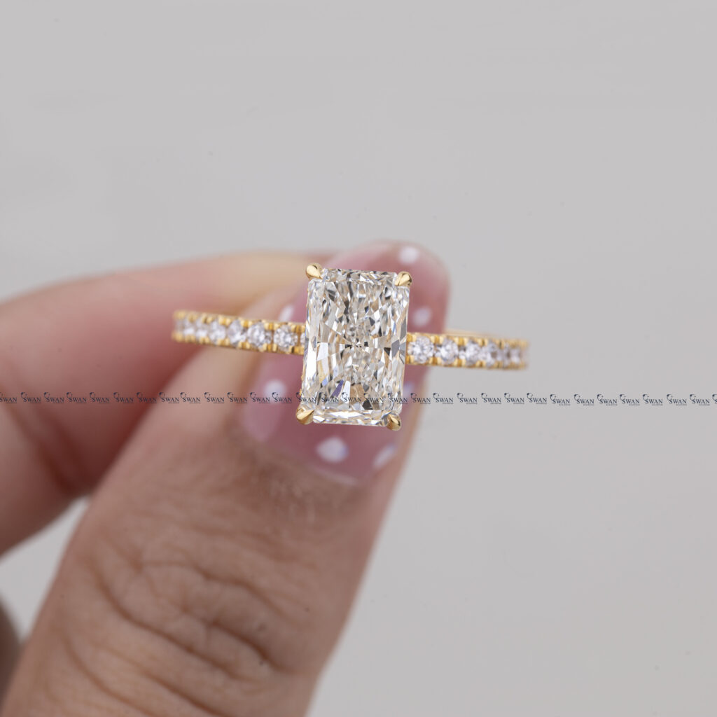 Radiant Cut IGI Certified Lab Grown Diamond Engagement Ring Hidden Halo Pave Band