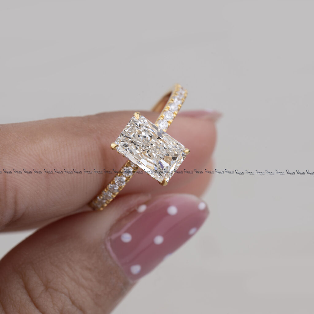 Radiant Cut IGI Certified Lab Grown Diamond Engagement Ring Hidden Halo Pave Band