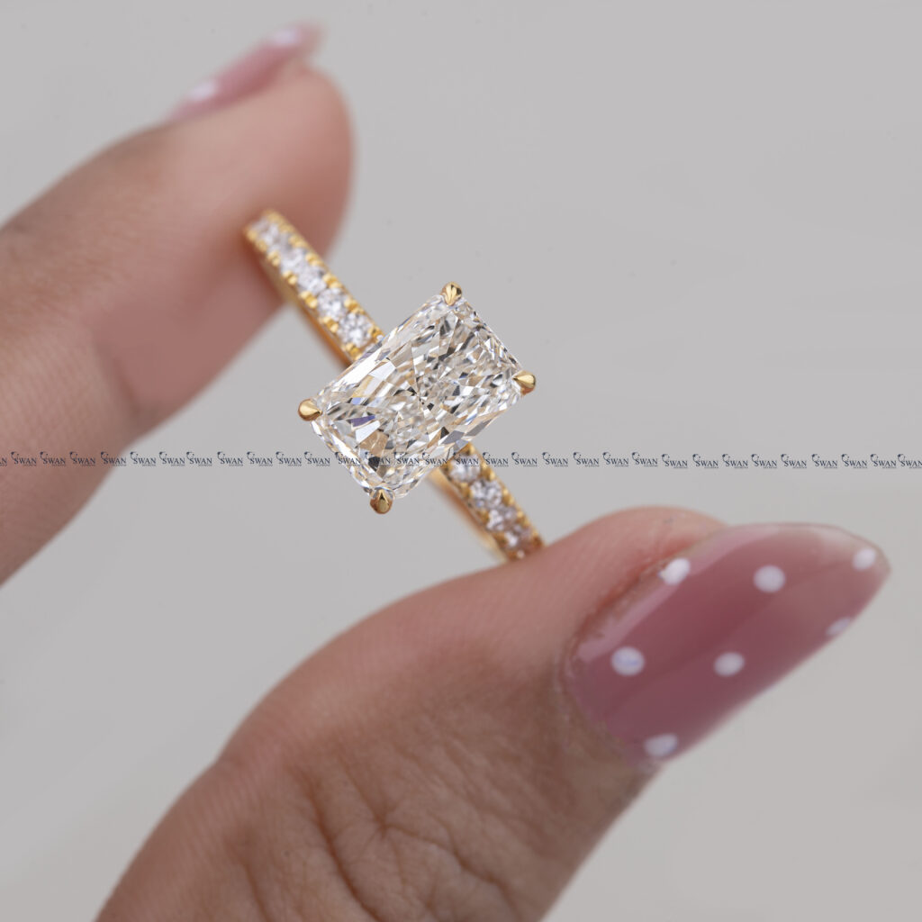 Radiant Cut IGI Certified Lab Grown Diamond Engagement Ring Hidden Halo Pave Band