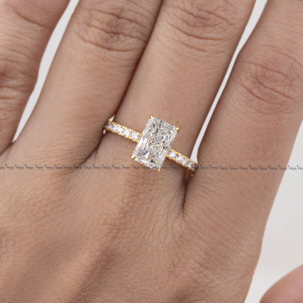 Radiant Cut IGI Certified Lab Grown Diamond Engagement Ring Hidden Halo Pave Band