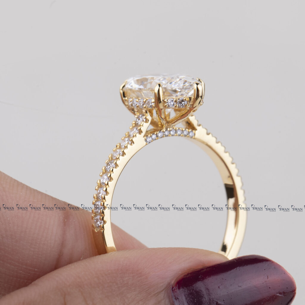 Marquise Cut Lab Grown Diamond Engagement Ring With Pave Band And Hidden Halo